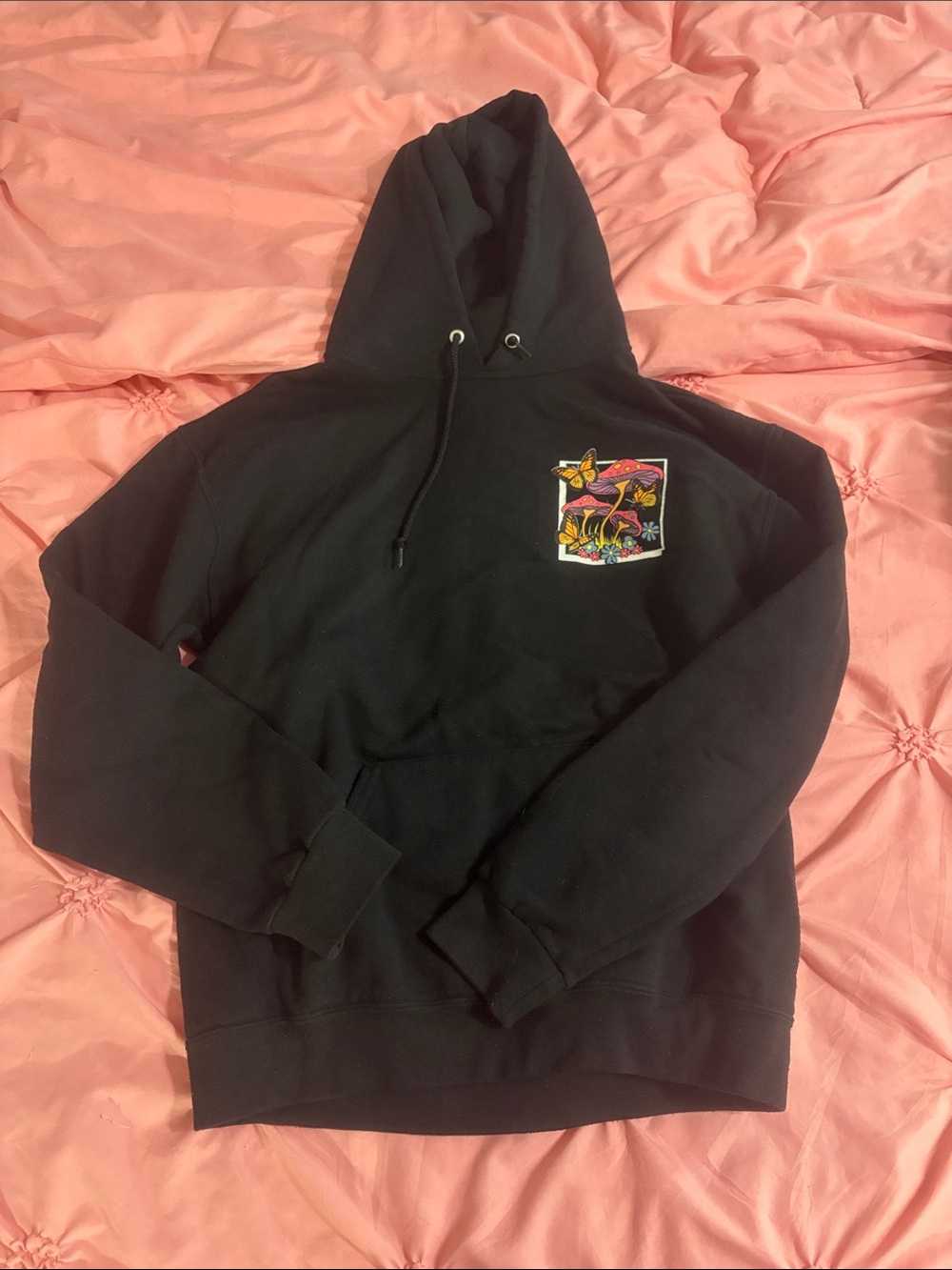 Black Hoodie with Colorful Mushroom Patch - Women's Pullover Hoodie